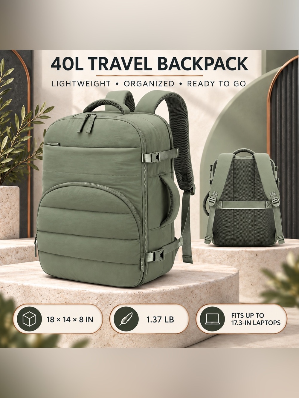 Puffer Travel Backpack 18x14x8 Personal Item 17.3” Laptop Beige